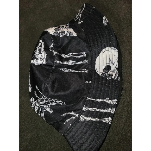 Women's Skull Print Bucket Hat Black Summer Reversible Fisherman Cap (AH) - Picture 5 of 5